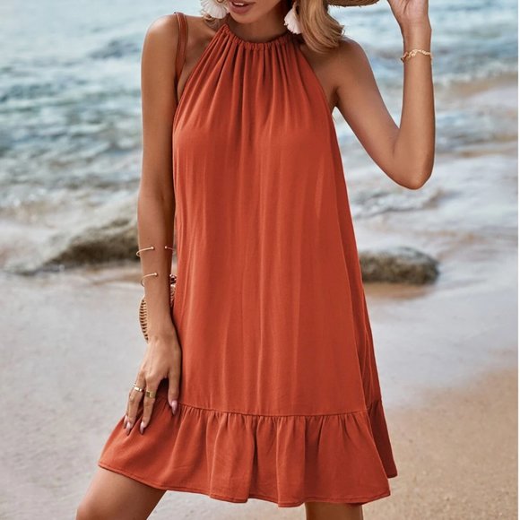 Rust Ruffle Hem Tie Low Back Halter Dress - Picture 4 of 9